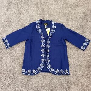 Bob Mackie Wearable Art Women's L Open-Front Blazer Linen Blend Floral Trim NWT